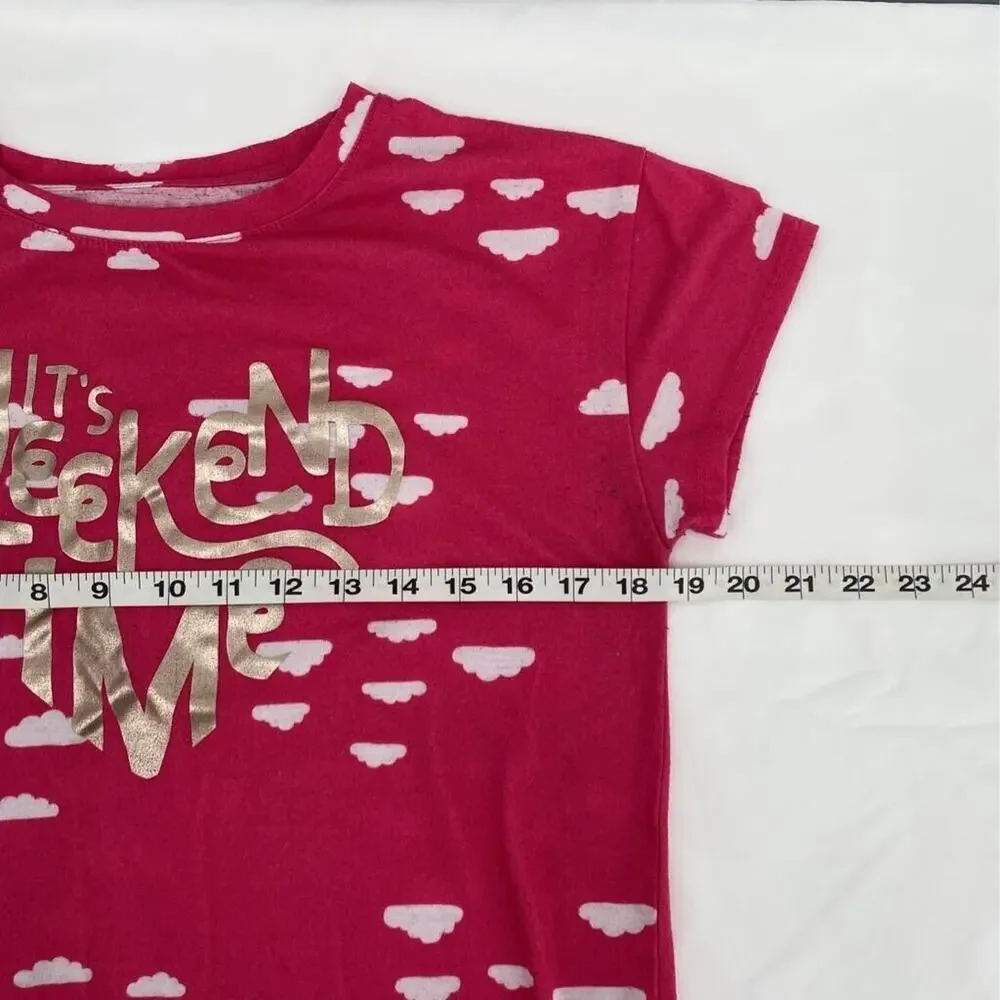 Dip Girls Graphic T-Shirt Pink White All Over Clouds Its Weekend Time Crew XL 16